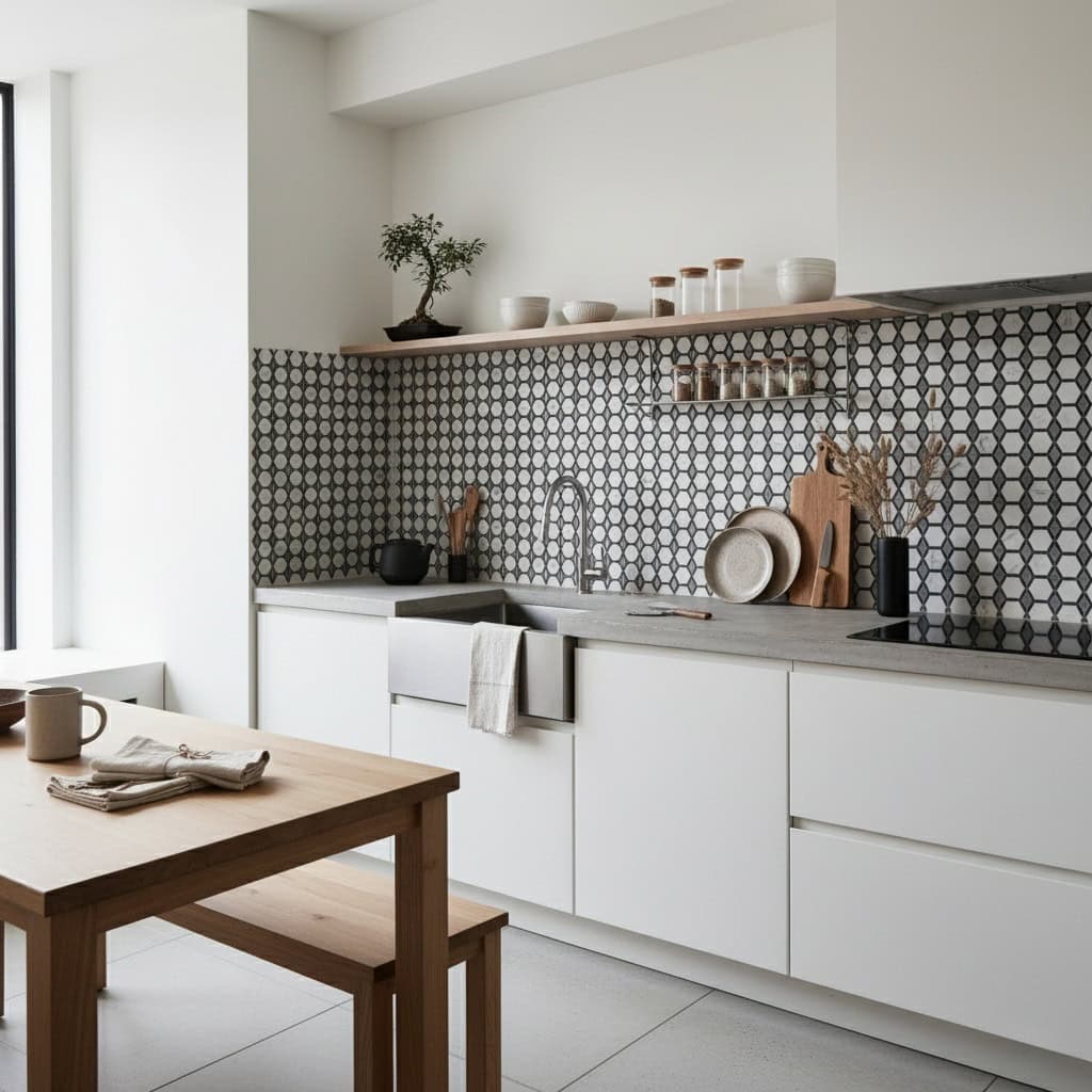 White and black geometric patterned ceramic tiles for kitchen backsplash, with a smooth matte finish and modern design.