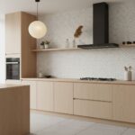 Light gray textured ceramic tile with a subtle geometric pattern, used on kitchen walls for a modern and clean look.