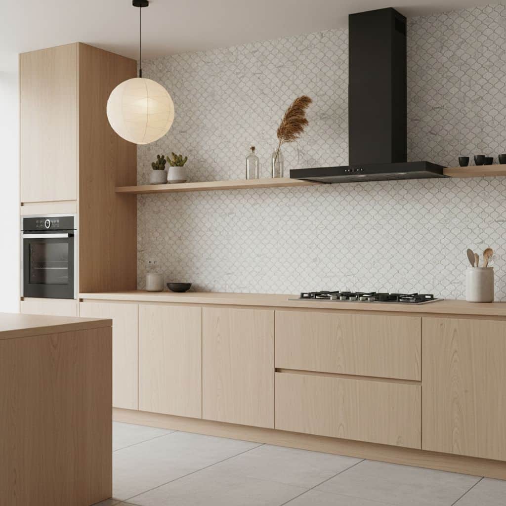 Light gray textured ceramic tile with a subtle geometric pattern, used on kitchen walls for a modern and clean look.