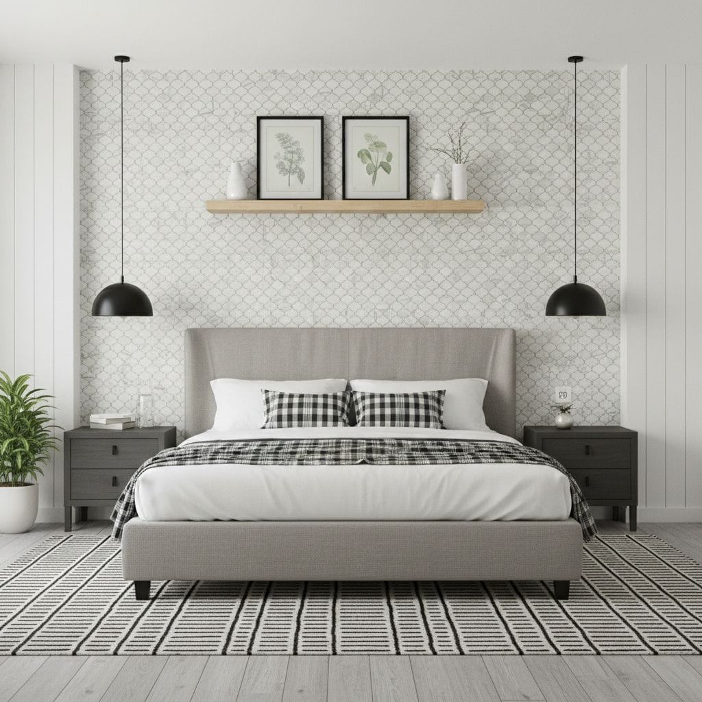White geometric patterned wall tile with a subtle texture, creating a modern and clean look in the bedroom.