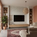 Living room wall featuring white geometric patterned tiles, complemented by wooden shelves, a modern TV, and cozy furniture f.
