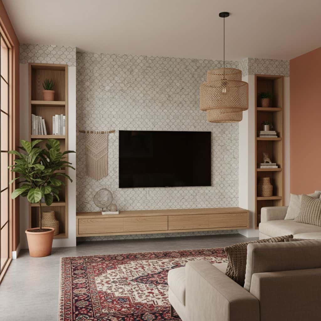 Living room wall featuring white geometric patterned tiles, complemented by wooden shelves, a modern TV, and cozy furniture f.