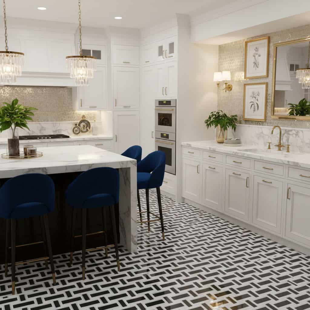 White marble tile with subtle gray veining, textured surface, used on backsplash and floor for a luxurious look.