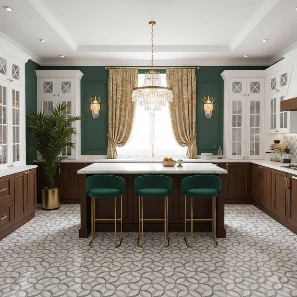 Bright kitchen with patterned gray and white tiles, green walls, gold curtains, and elegant lighting fixtures.
