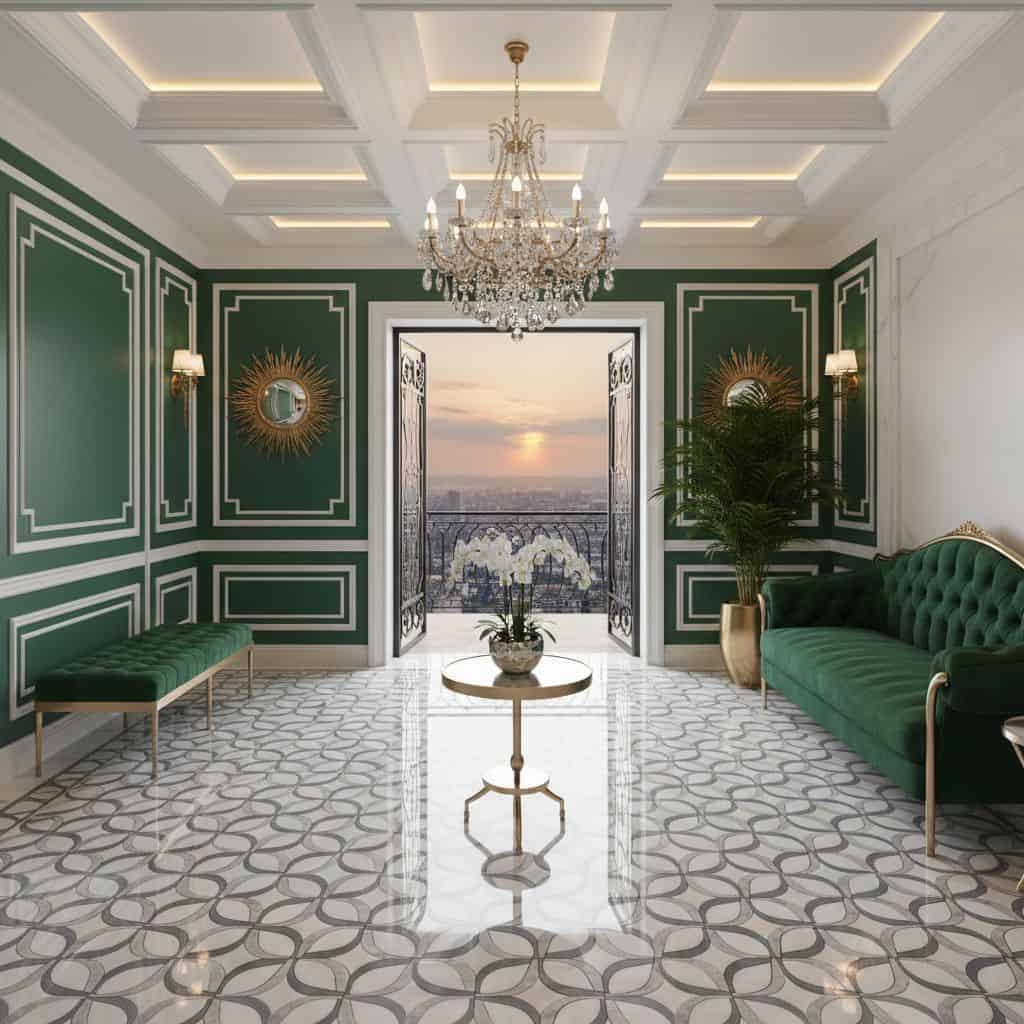 Elegant green and white patterned tile with a glossy finish.