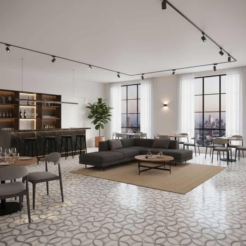 Bright living room featuring light gray geometric patterned tiles, large windows, and contemporary furniture.