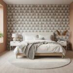 Neutral patterned wall tile with a subtle snowflake design, adding texture and elegance to the bedroom wall.