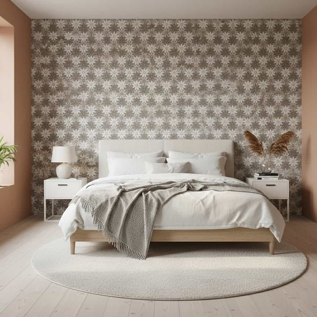 Neutral patterned wall tile with a subtle snowflake design, adding texture and elegance to the bedroom wall.