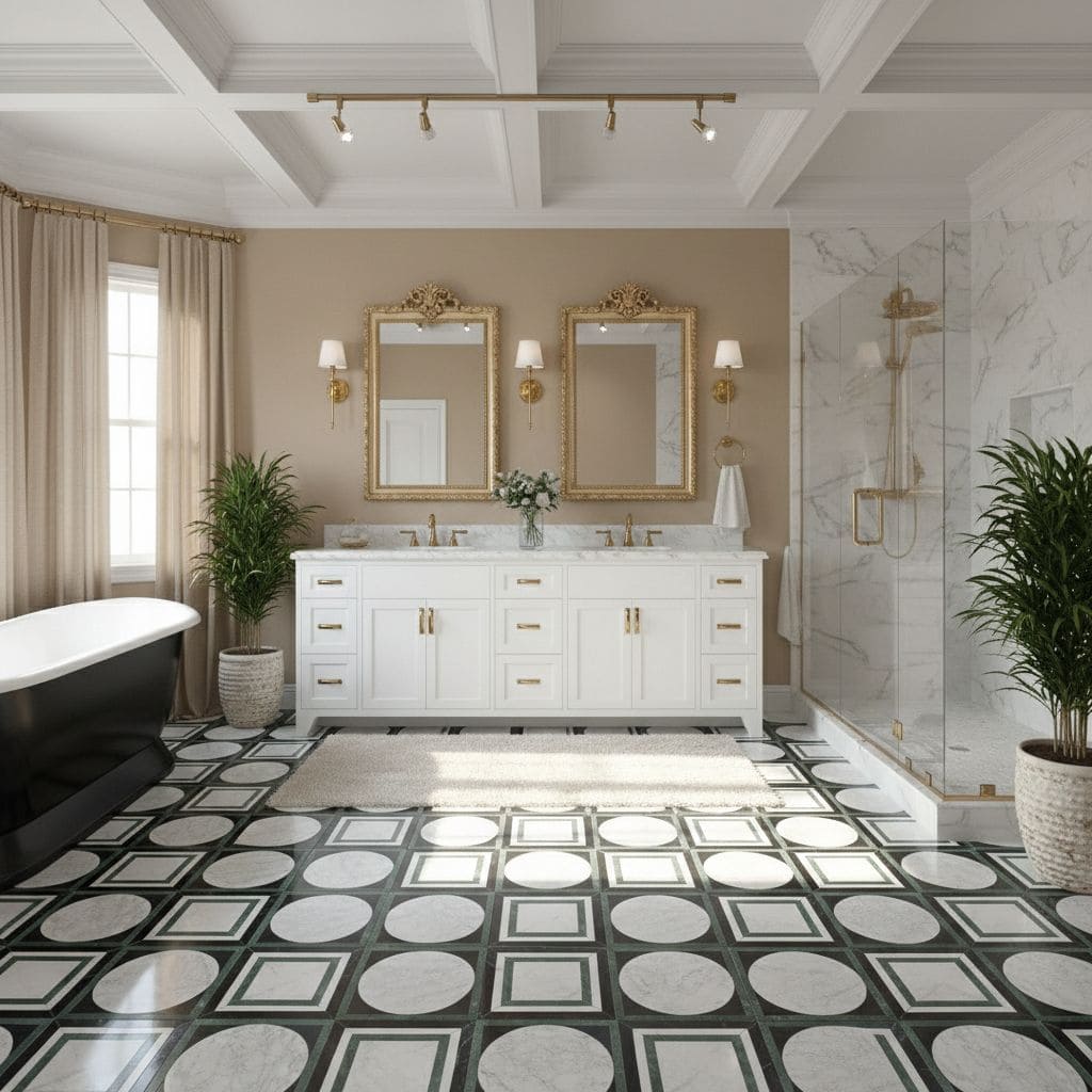 Black and white marble tiles with geometric pattern, smooth texture, and glossy finish.