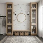Modern bathroom with peel and stick tile wall and storage cabinets.