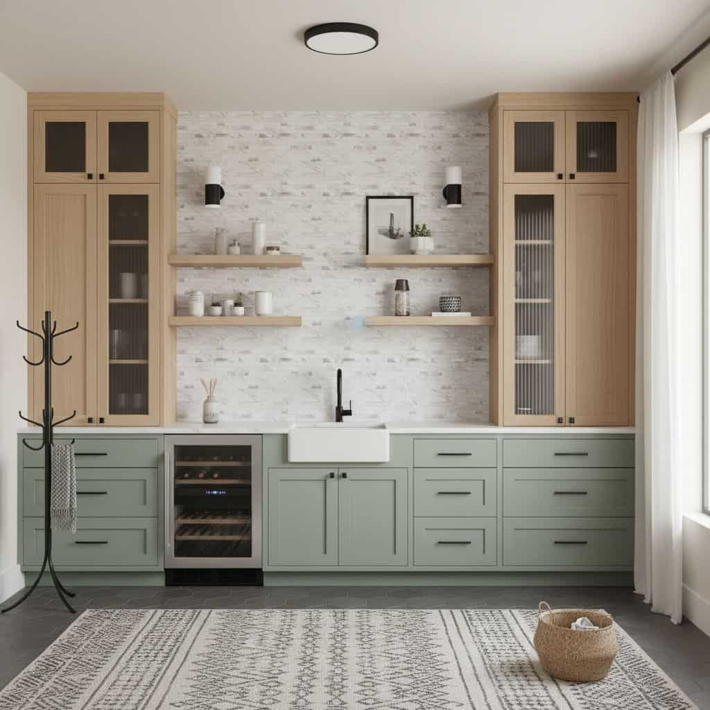 Bright kitchen with peel and stick wall tile backsplash and light green cabinets.