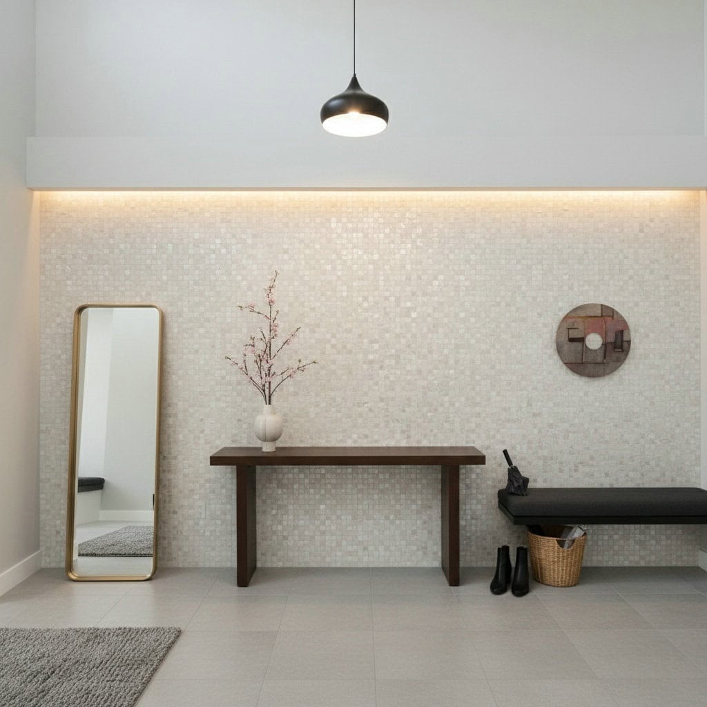 Decorative shell tile wall with mother of pearl accents in a modern interior setting.