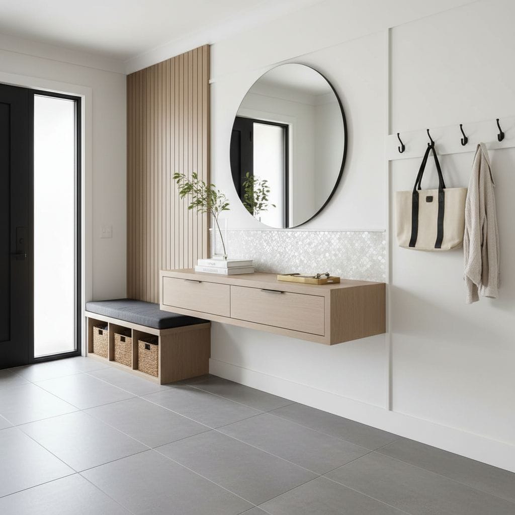 A sleek, modern entryway featuring a shell tile accent wall with mother of pearl and oyster shell tiles, adding elegance and.