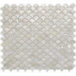 Mother of pearl shell tile with iridescent, scalloped design for elegant home decor. Perfect for backsplashes, accents, and l.