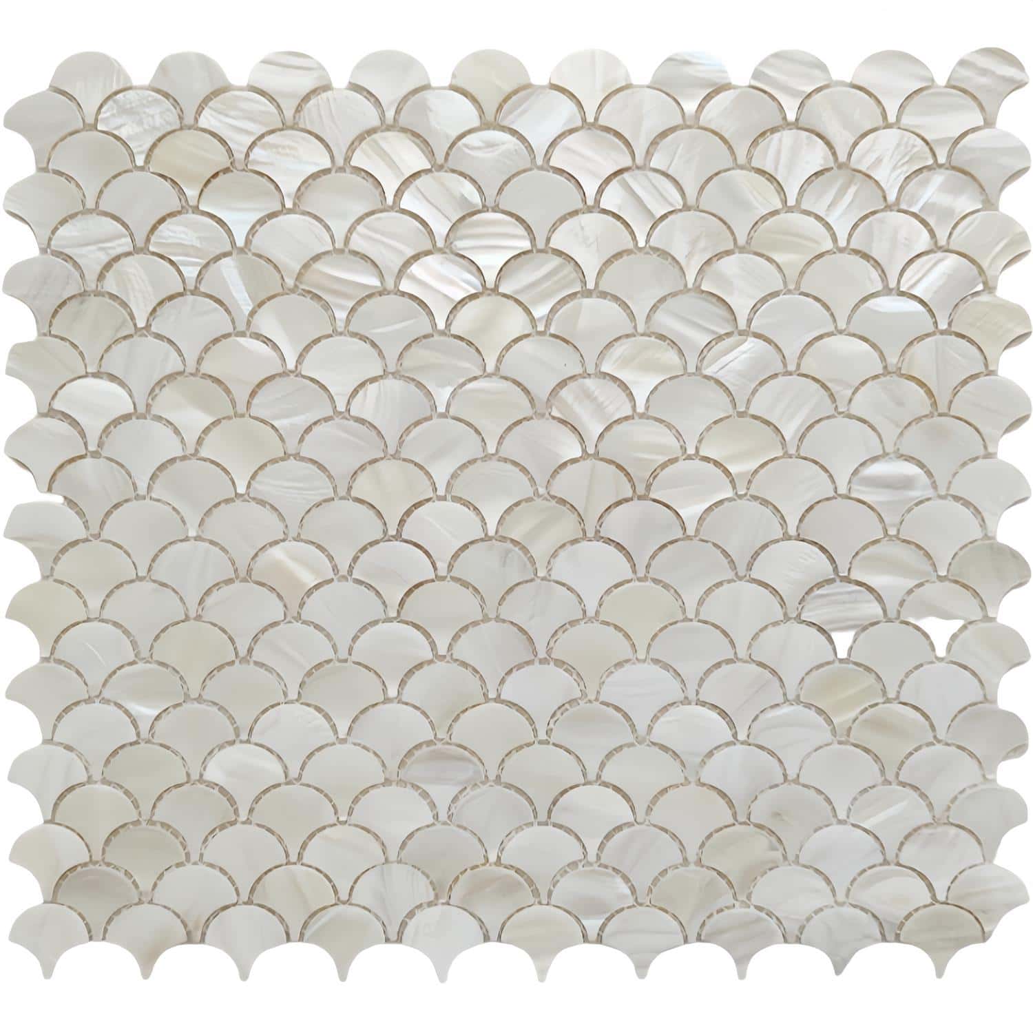 Mother of pearl shell tile with iridescent, scalloped design for elegant home decor. Perfect for backsplashes, accents, and l.