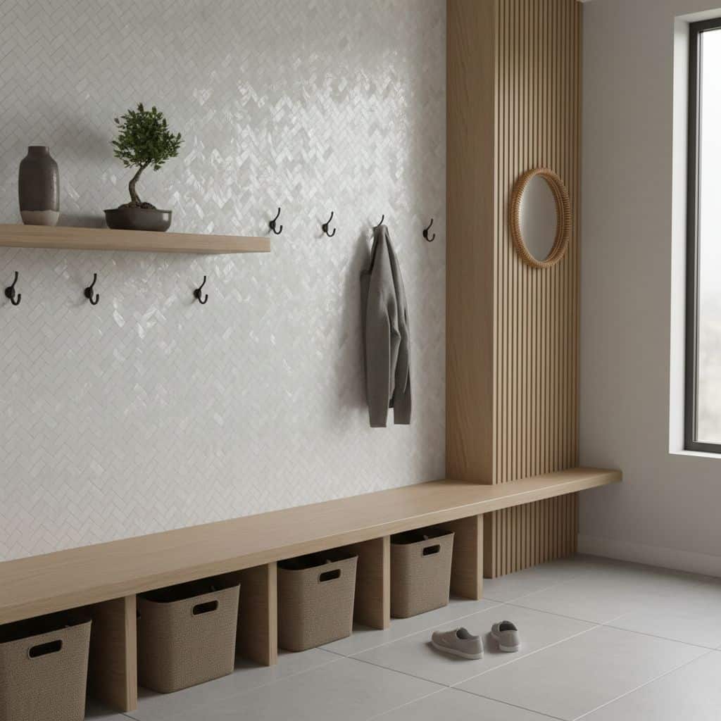 Mother of pearl shell tile wall decor with hooks and storage baskets in a modern entryway.