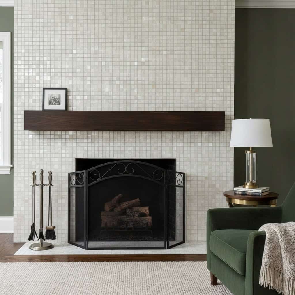 Elegant fireplace with mother of pearl shell tile accent wall.