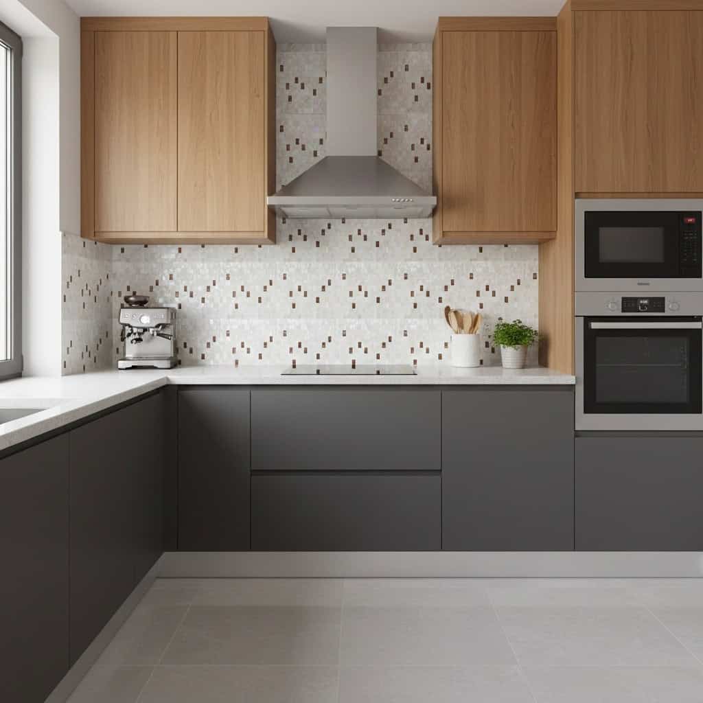 Elegant shell tile backsplash with mother of pearl accents in a modern kitchen setting.