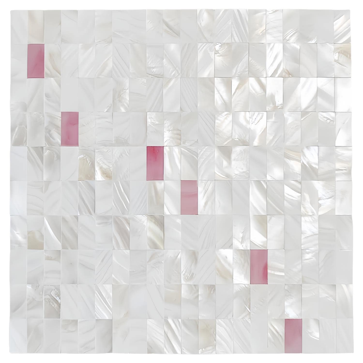Mother of pearl shell tile with iridescent white and pink accents, perfect for elegant home decor and wall accents.