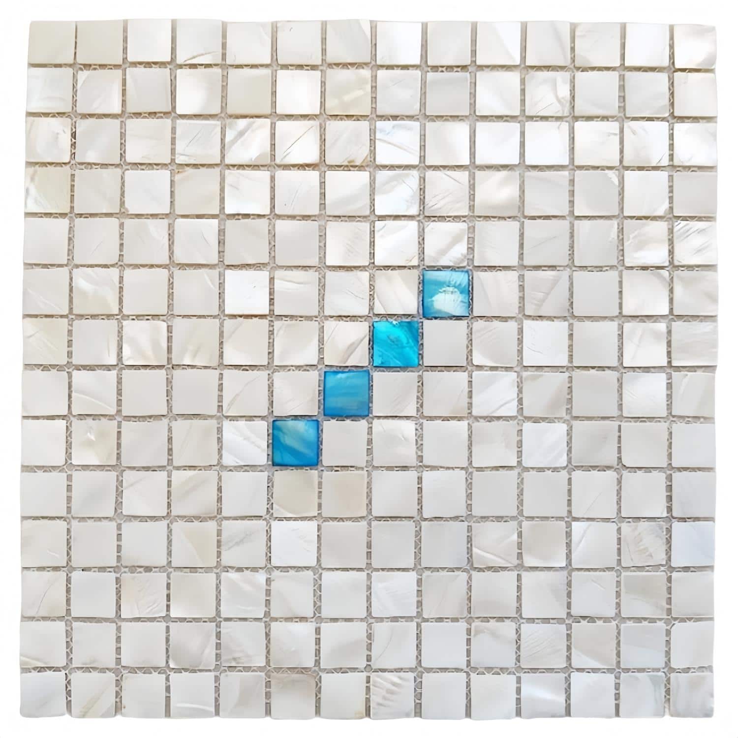 Shell tile with blue pearl accents for elegant decor.
