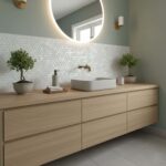 A modern bathroom vanity featuring a shell tile backsplash with mother of pearl accents, complemented by a round mirror and m.