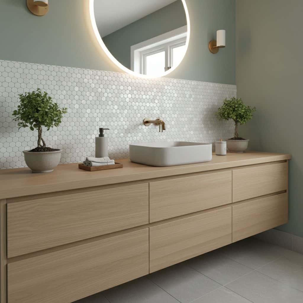 A modern bathroom vanity featuring a shell tile backsplash with mother of pearl accents, complemented by a round mirror and m.