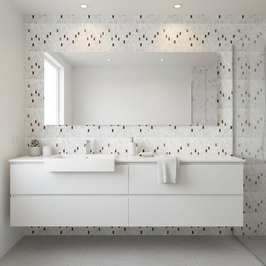 Mother of pearl shell tile in a modern bathroom with white vanity and large mirror.