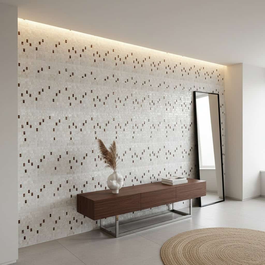 A stylish interior featuring a wall decorated with mother of pearl shell tiles, complemented by a modern wooden console and a.