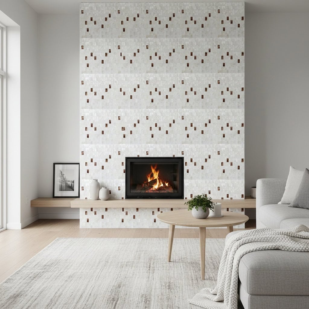 A modern living room featuring a fireplace with a shell tile wall made of mother of pearl and oyster shell tiles, creating a.