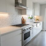 Bright kitchen with pearl shell tile backsplash and white cabinetry.