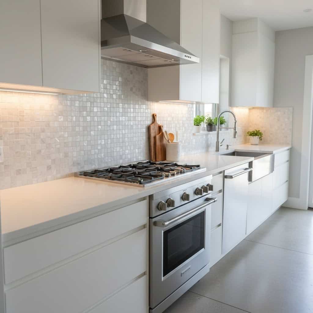 Bright kitchen with pearl shell tile backsplash and white cabinetry.