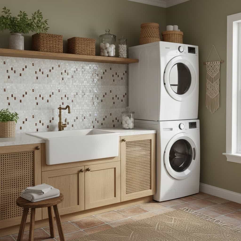 Laundry room with pearl shell tile backsplash and natural wood cabinetry.