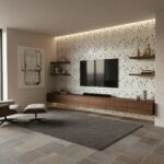 Mother of pearl shell tile wall in modern living room with floating wooden shelf and minimalist design.