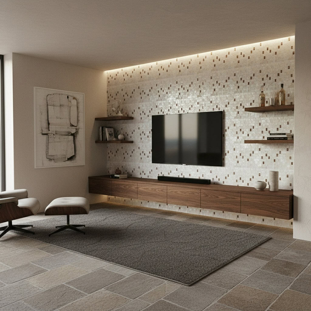 Mother of pearl shell tile wall in modern living room with floating wooden shelf and minimalist design.