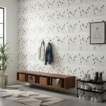 Decorative shell tile wall with mother of pearl and seashell accents in a modern entryway.