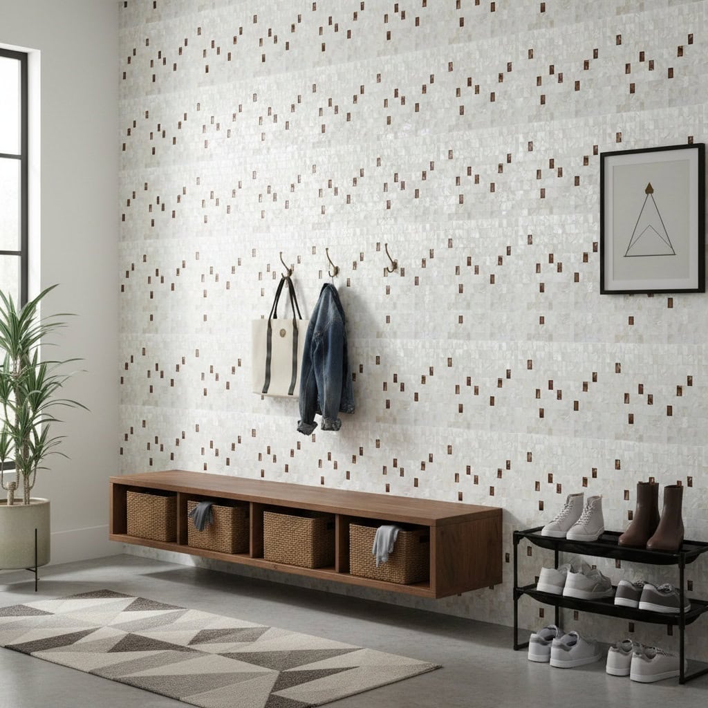 Decorative shell tile wall with mother of pearl and seashell accents in a modern entryway.