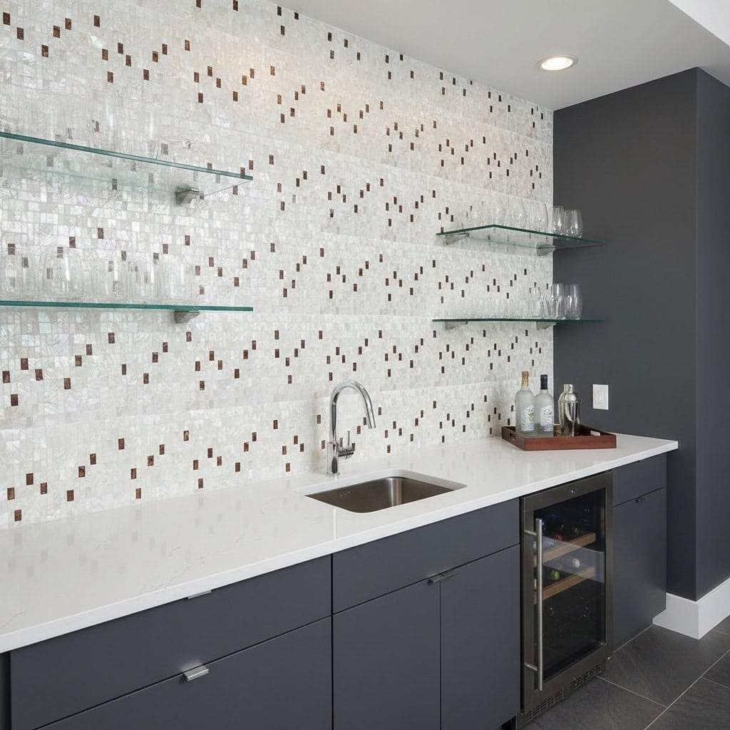 Elegant shell tile backsplash with mother of pearl accents in a modern kitchen setting.