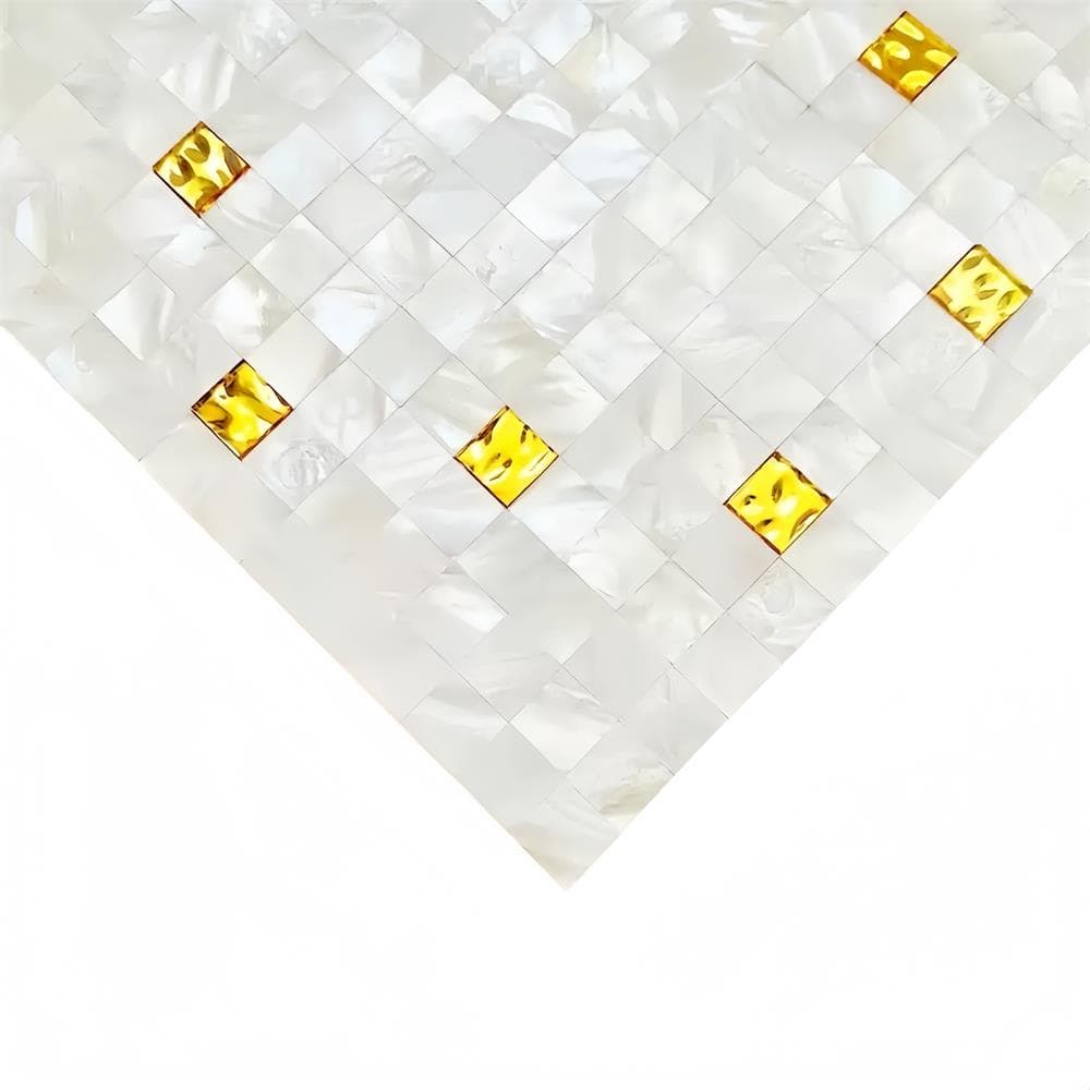 Elegant white tile with gold accents, smooth texture, and a glossy finish. Perfect for luxurious wall or floor decor in moder.