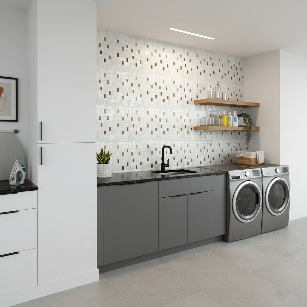 Shell tile with mother of pearl accents in modern laundry room setting.