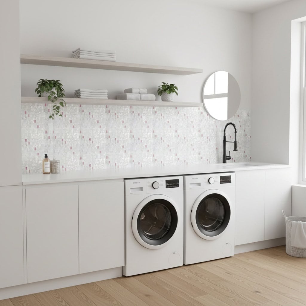 Shell tile with mother of pearl accents in a bright, minimalist laundry room setting.