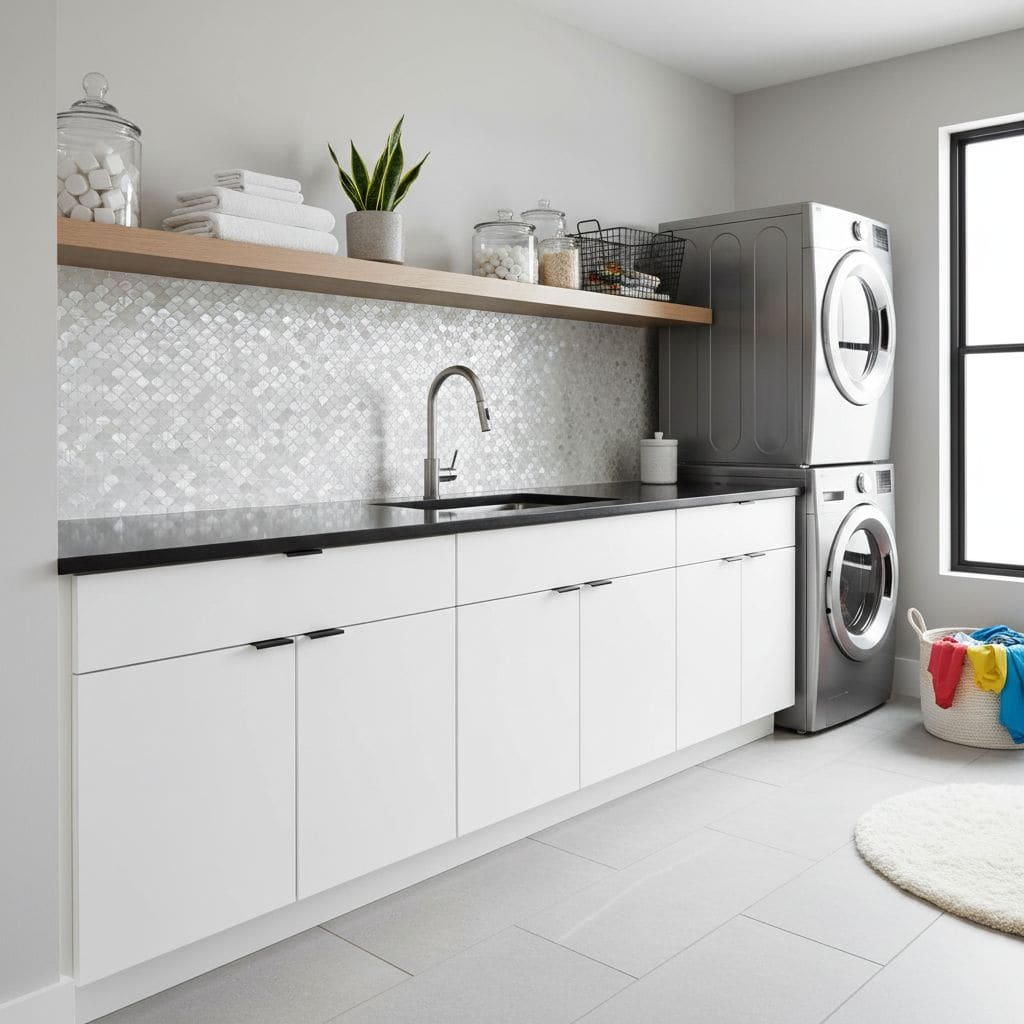 Bright laundry room featuring a sleek shell tile backsplash behind the sink. Modern design with white cabinetry and stacked w.