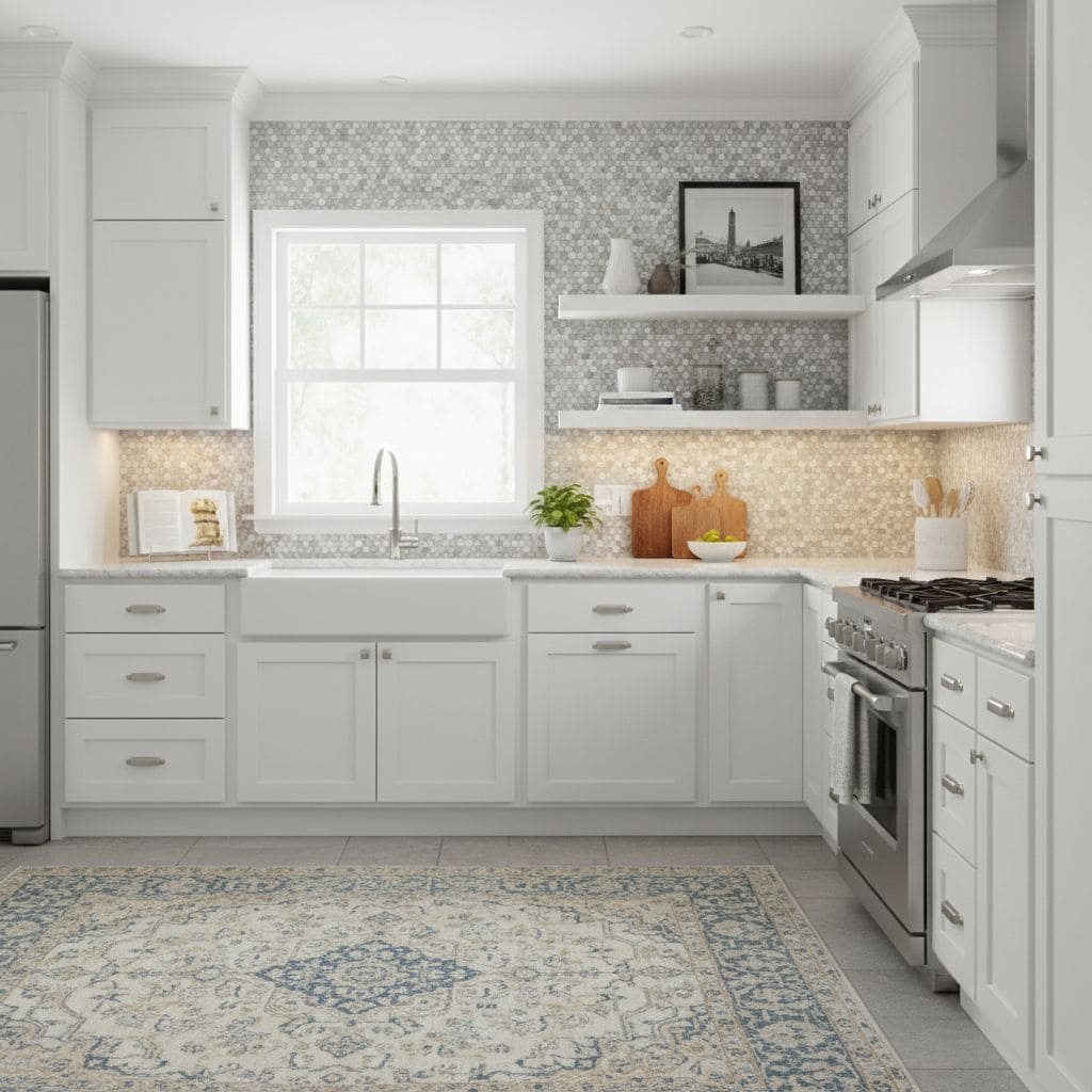 Bright white kitchen with peel and stick tile backsplash and modern decor.