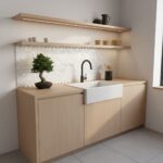 Seashell tile backsplash in a contemporary kitchen with wooden cabinets and a white farmhouse sink.