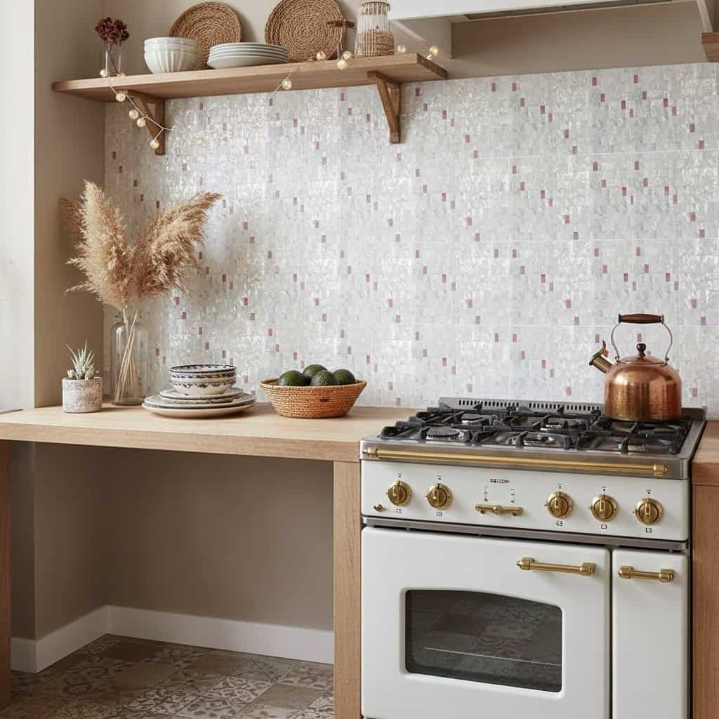 Up of a kitchen backsplash featuring mother of pearl shell tiles with a shimmering, iridescent finish.