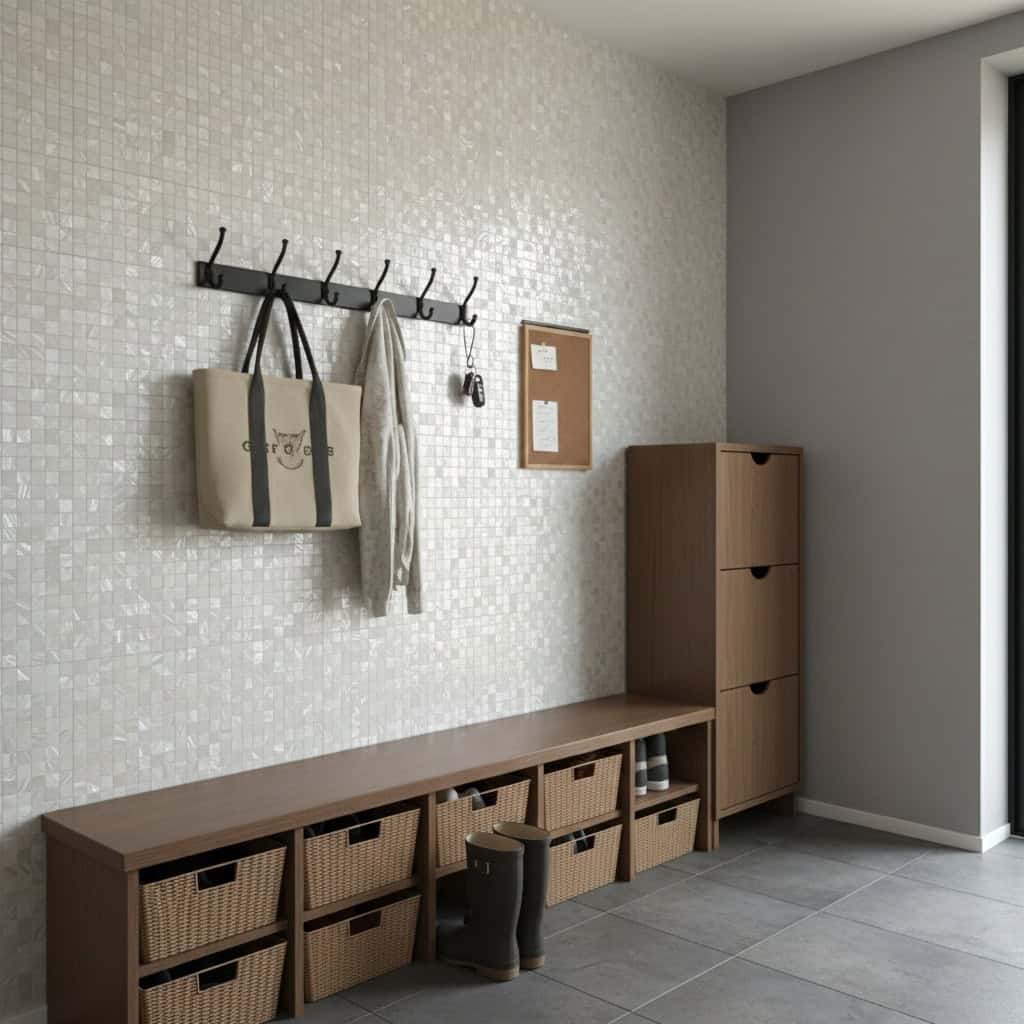 Seashell tile wall featuring mother of pearl and oyster shell tiles in a contemporary entryway setting.