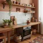 Mother of pearl shell tile backsplash in a cozy kitchen with wooden accents and potted plants.