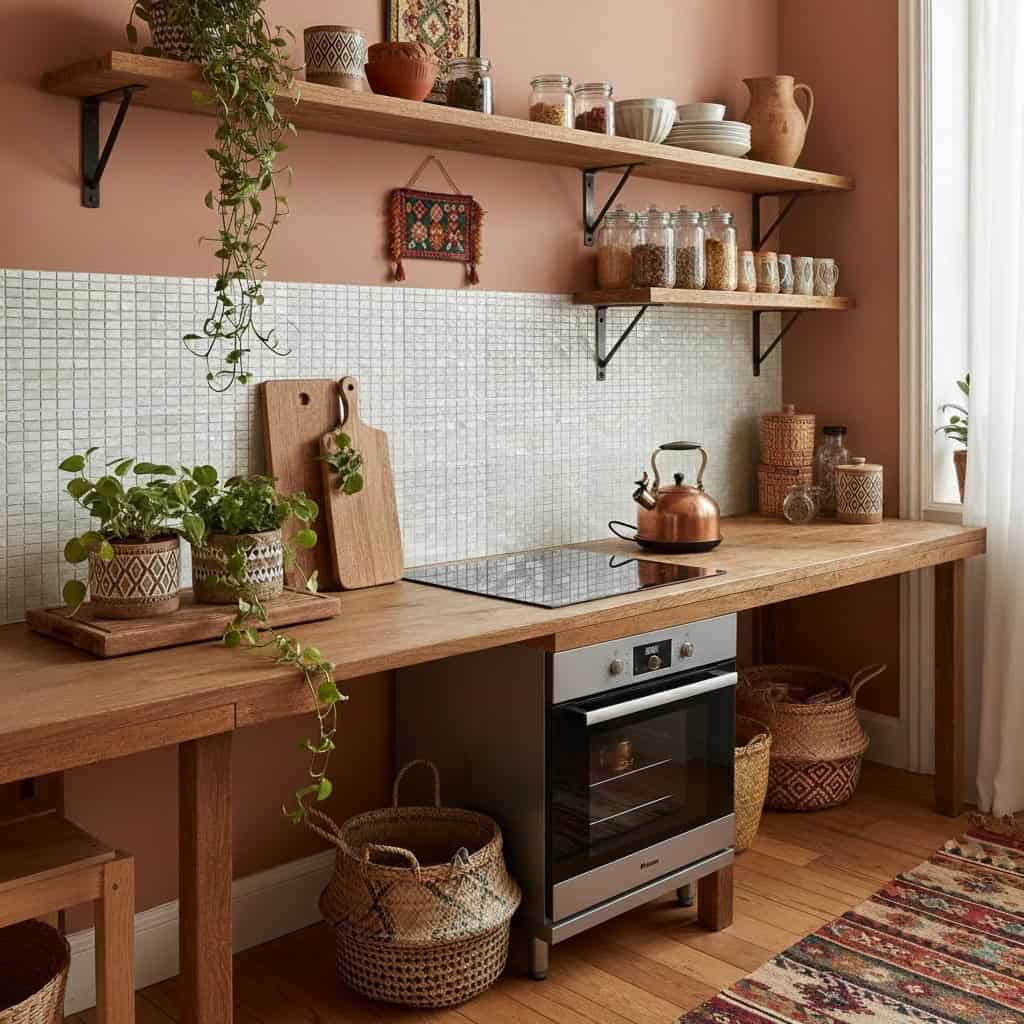 Mother of pearl shell tile backsplash in a cozy kitchen with wooden accents and potted plants.