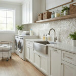 Laundry room with mother of pearl shell tile backsplash and white cabinetry.
