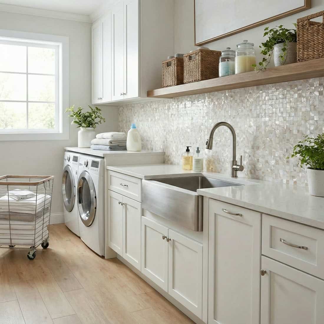 Laundry room with mother of pearl shell tile backsplash and white cabinetry.