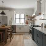 Bright white ceramic tile backsplash with subtle texture, paired with natural wood shelves and accents.
